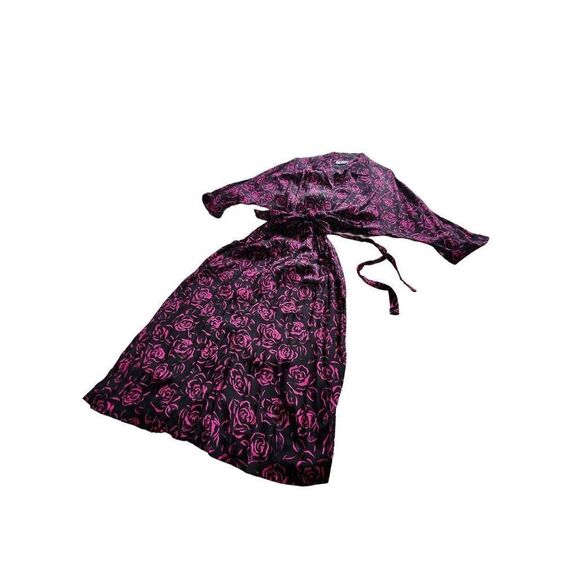 Rose Print Full Button Front Black and Pink Vintage Nu Mode Dress 60s Pinup Flor - Picture 3 of 8